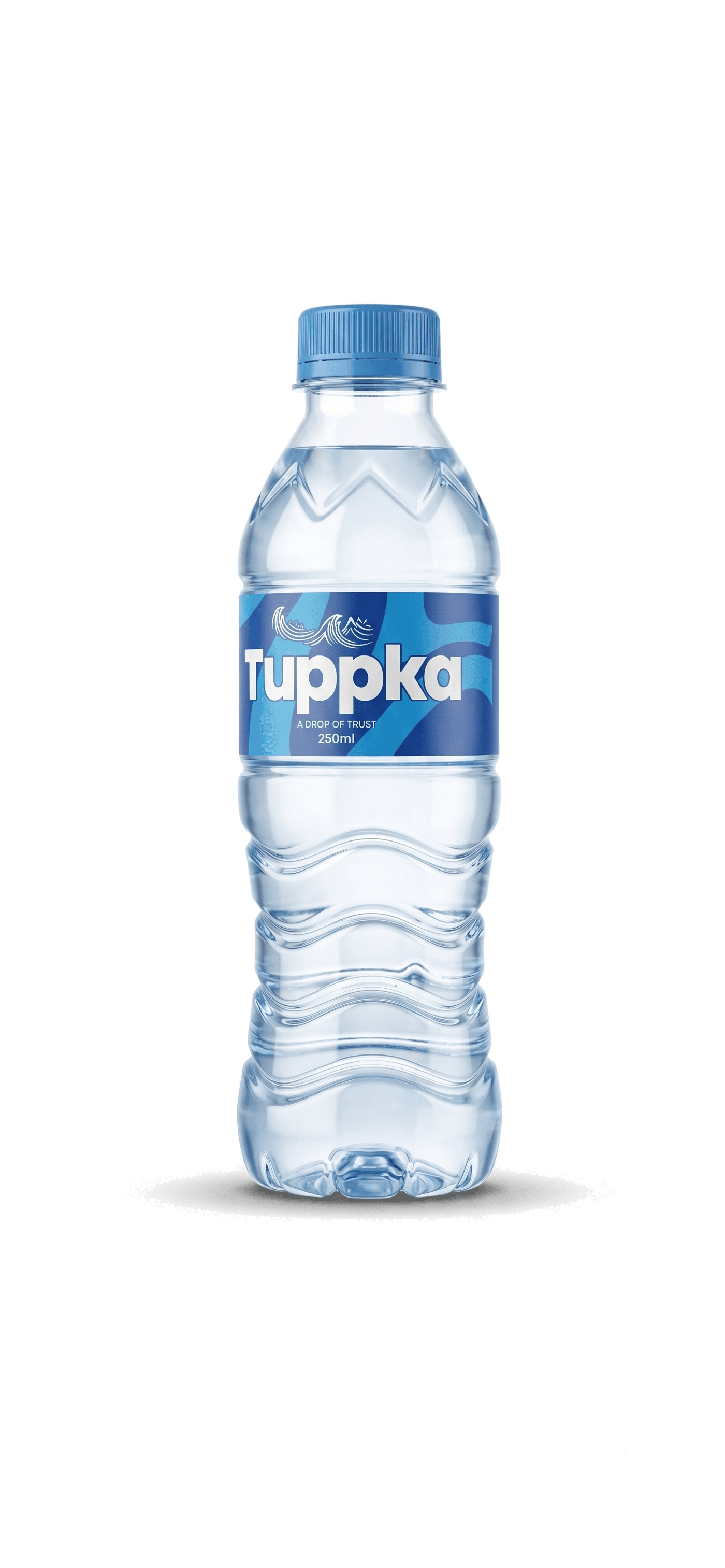 Tuppka 250 ml packaged drinking water bottle — sky-blue cap, deep-blue wave label.